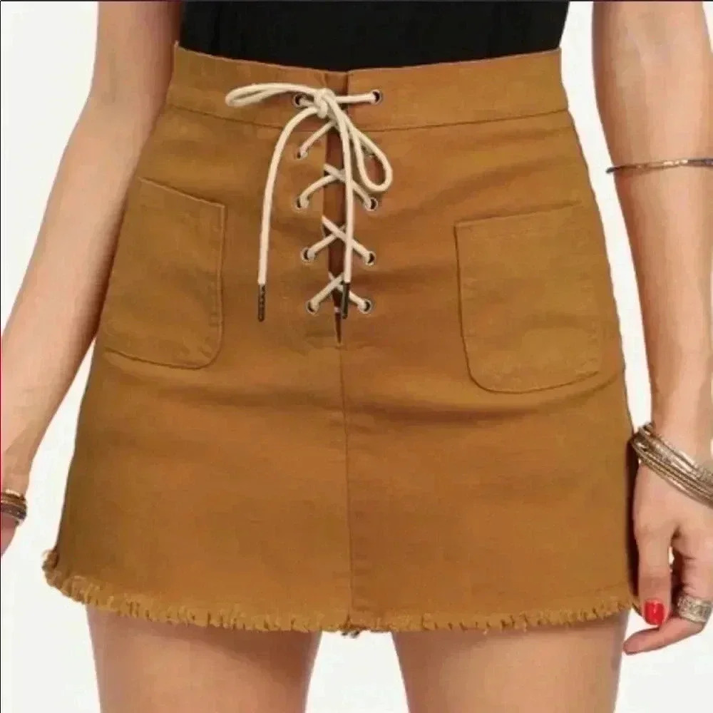 "Sandy" Lace Up Raw Hem Skirt with Pockets
